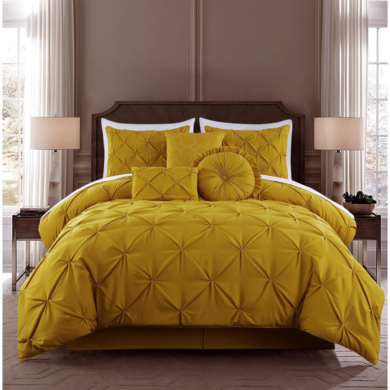 Sydney Pintuck Microfiber 7 Piece Comforter Set, King Comforter + 2 King Shams + 3 Throw Pillows, Mustard Yellow