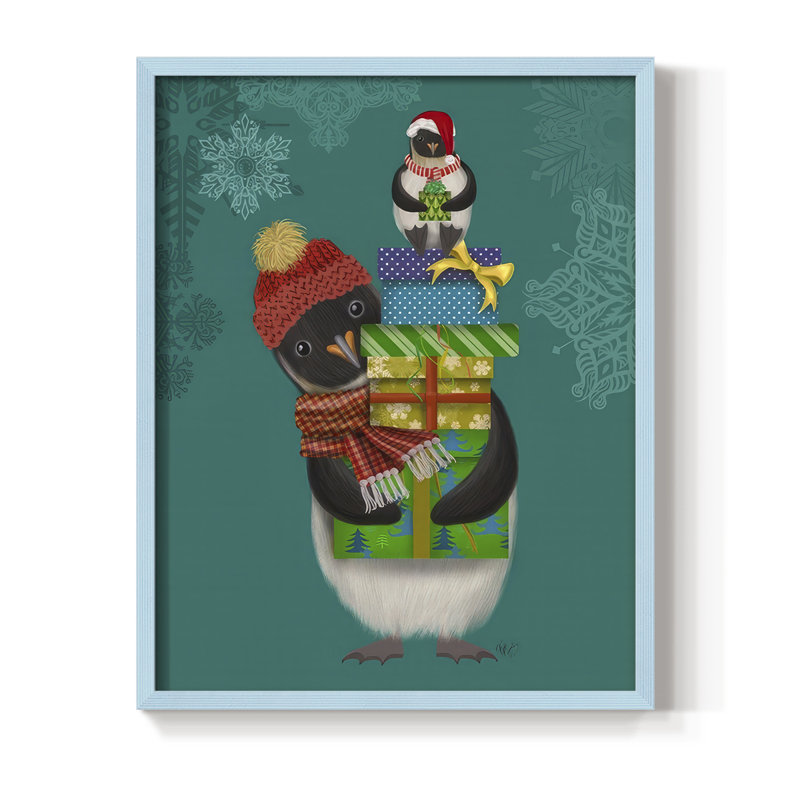 Cadeaux de Noël pingouin, reproduction encadrée - bois massif, H 21 po x l 17 po, Bleu