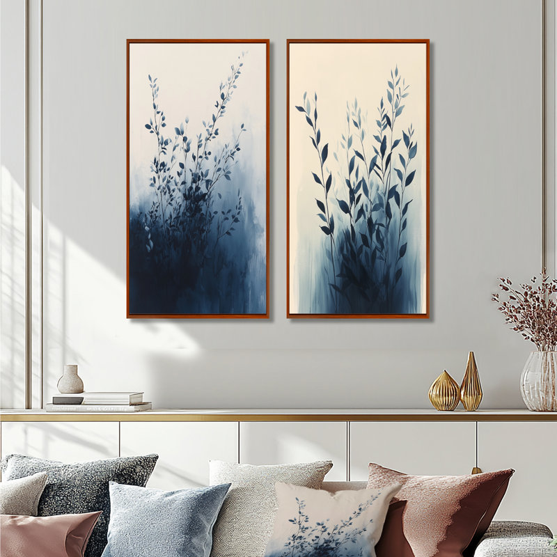 Minimalisme solitude des feuilles en monochrome I - collection d'art mural floral 2 pièces, H 32 po x l 33 po