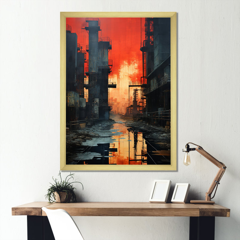 Échos de l'usine cramoisie sur toile, Cadre doré simple, H 44 po x l 34 po x P 1,5 po