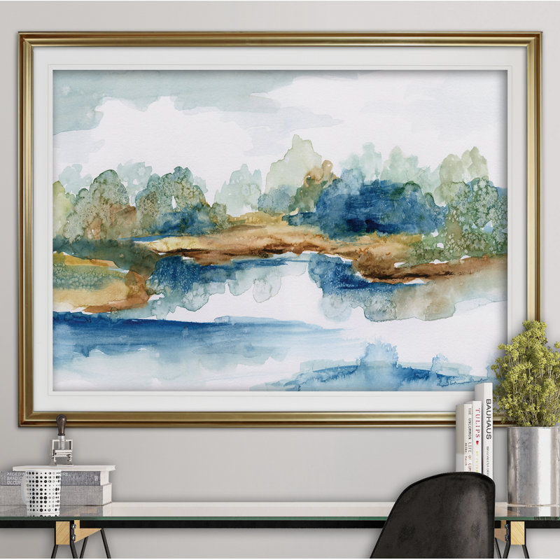 « blue serenity », reproduction de peinture à l’acrylique encadrée, Or, H 28 po x l 38 po x P 1,5 po