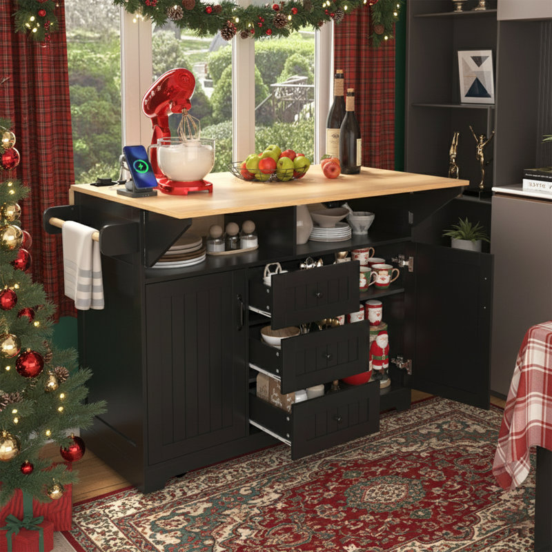 Îlot de cuisine de 55 pouces avec double abattant, grand chariot de cuisine mobile avec prise de courant et ports USB, table de salle à manger pliante avec 3 tiroirs, noir