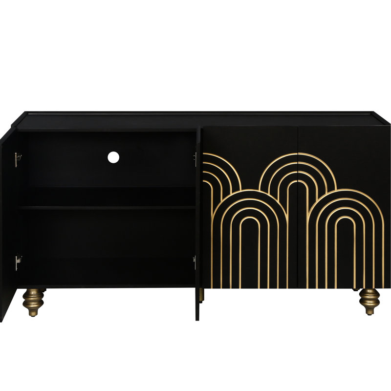Buffet moderne cannelé avec tablettes réglables - pour le salon 4 portes, espace de rangement, Noir