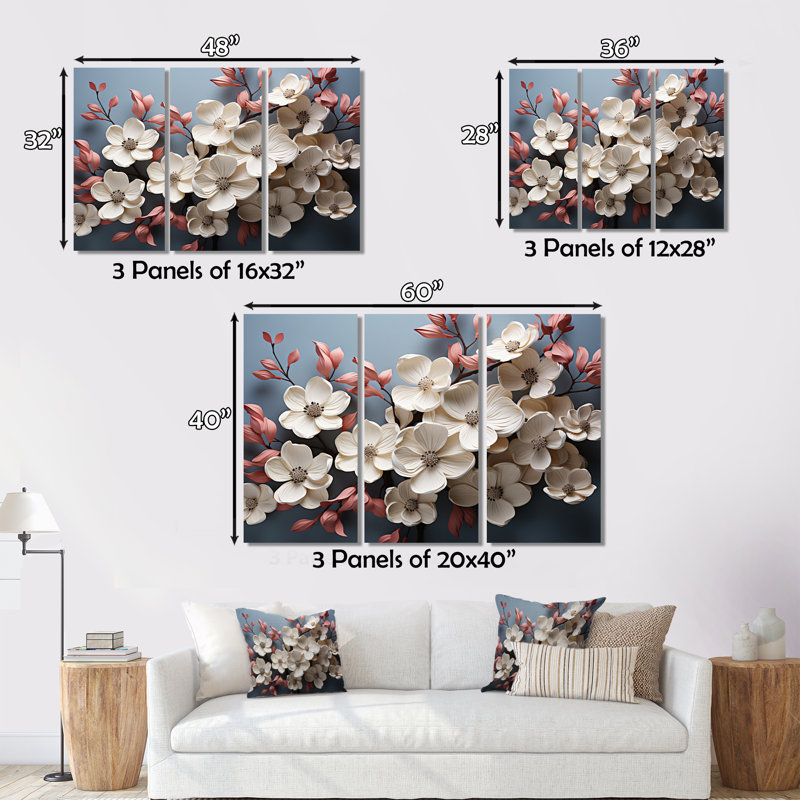Dogwood Field Pointillism Collage III sur toile, 3 pièces, H 28 po x l 36 po