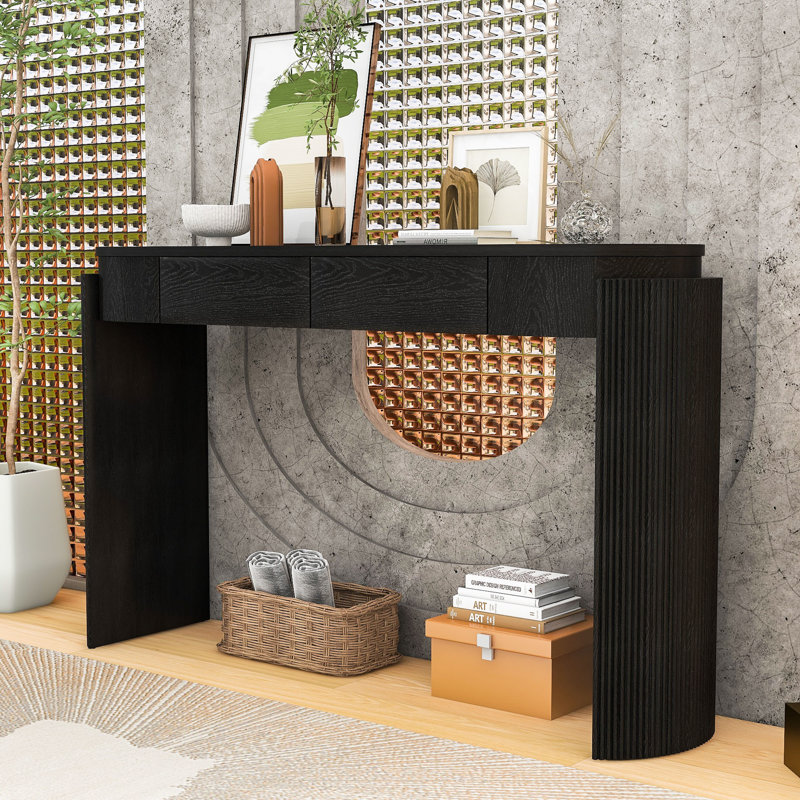 Elegant Oval Entryway Table with Wood Grain Finish and Storage, Black