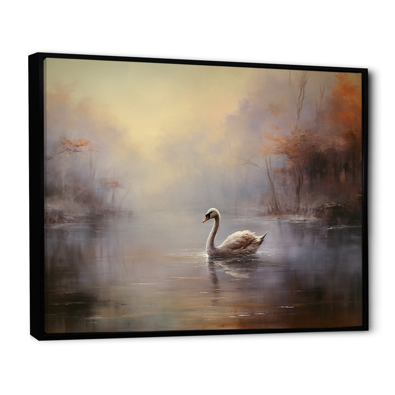 Cygne dans la brume II sur toile, Cadre flottant noir, H 34 po x l 44 po x P 1,5 po