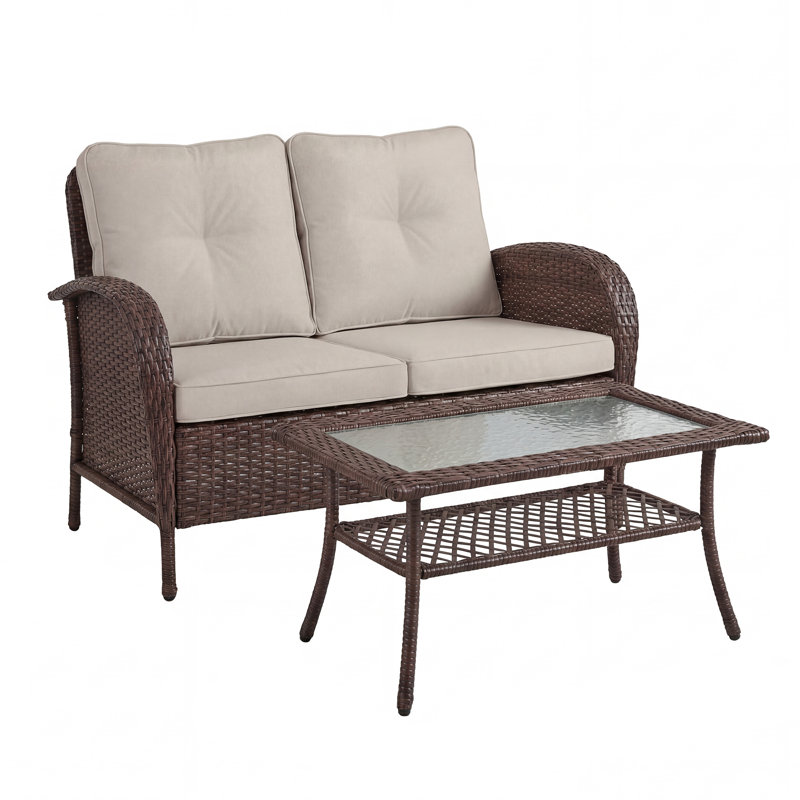 Outdoor Wicker Loveseat With Coffee Table And Cushions, Beige
