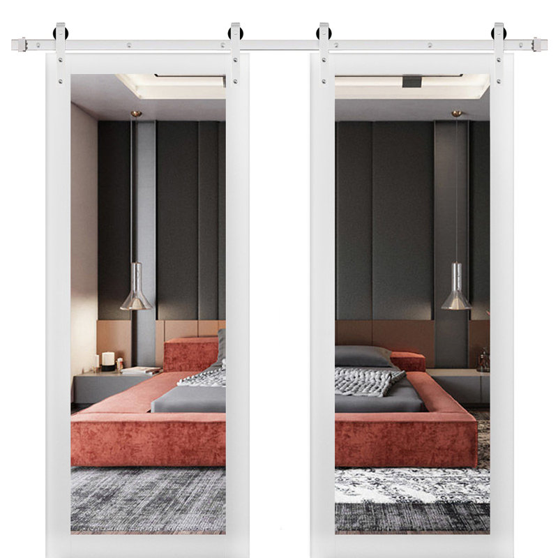 Lucia Mirrored Glass Wood Sturdy Interior Barn Doors with Installation Hardware Kit, Silver, 72" x 80"