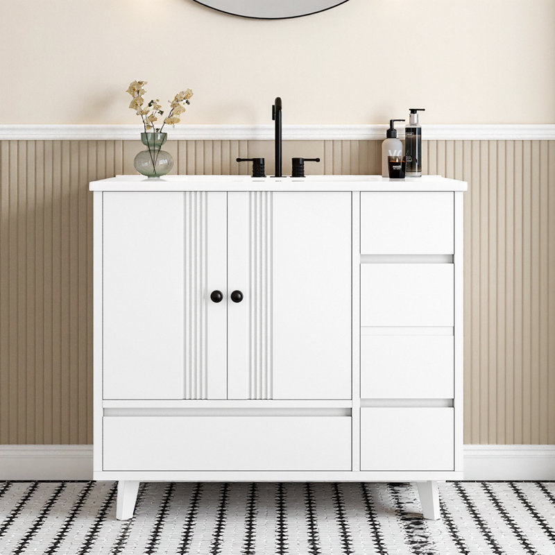 Meuble-lavabo autoportant gris 36 po avec lavabo en céramique, 4 tiroirs et support de rangement latéral, Blanc clair