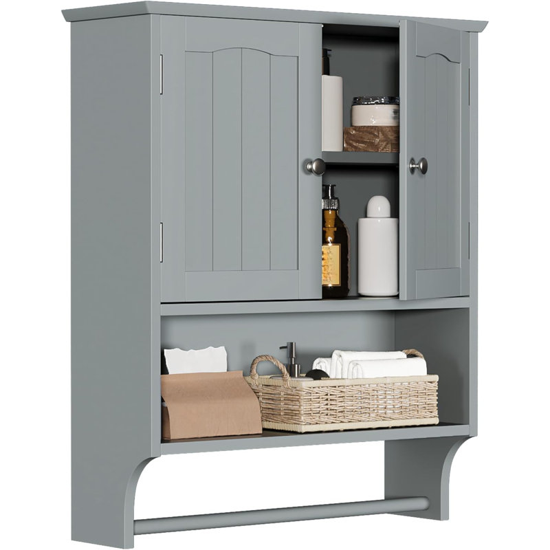 Grey Bathroom Cabinet Wall Mounted With Towels Bar, Bathroom Medicine Cabinet With 2 Door Adjustable Shelves, Over Toilet Cabinet For Bathroom Laundry Room Kitchen