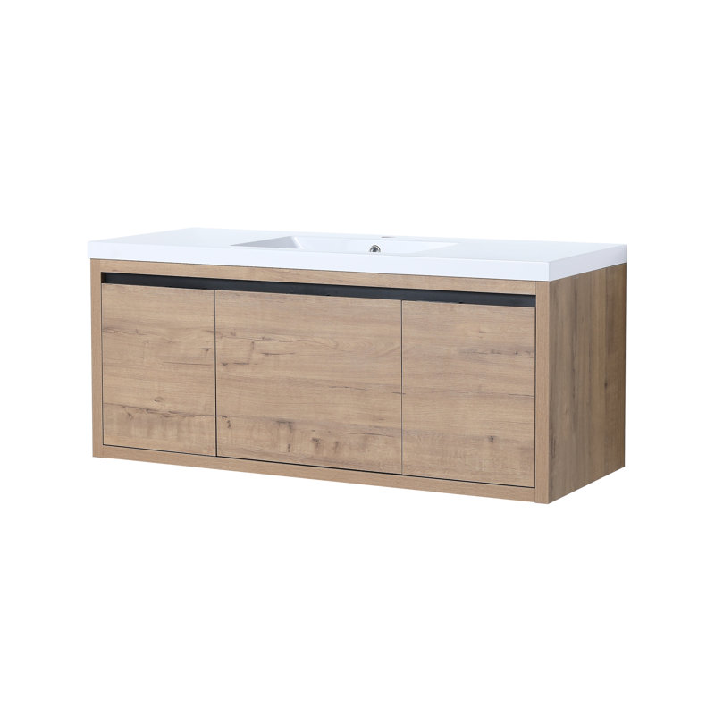 Meuble-lavabo de salle de bain avec lavabo en résine - 48 po, conception moderne, portes à fermeture en douceur, chêne imitation, vaste tiroir d'aspect de rangement, fermeture, espace spacieux