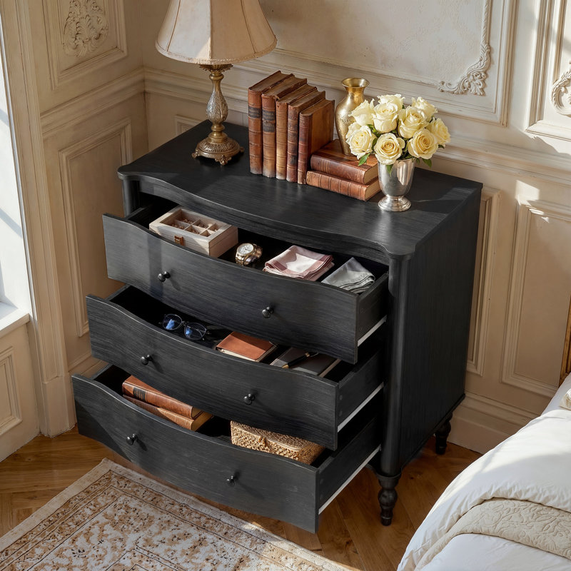 32.8'' W Vintage Curved Front Nightstand with 3 Drawers, Solid Wood Legs and Metal Knobs Adorn, Grayish-black Wood