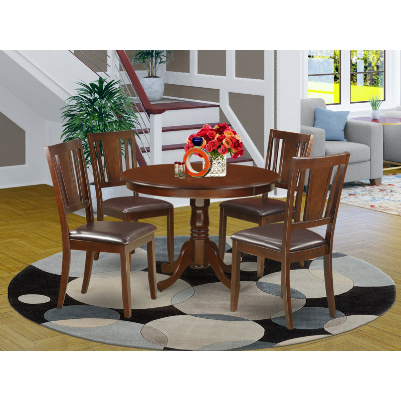 Maffra Solid Wood Top Pedestal Dining Set, 5 Pieces: 1 Table, 4 Chairs, Wooden