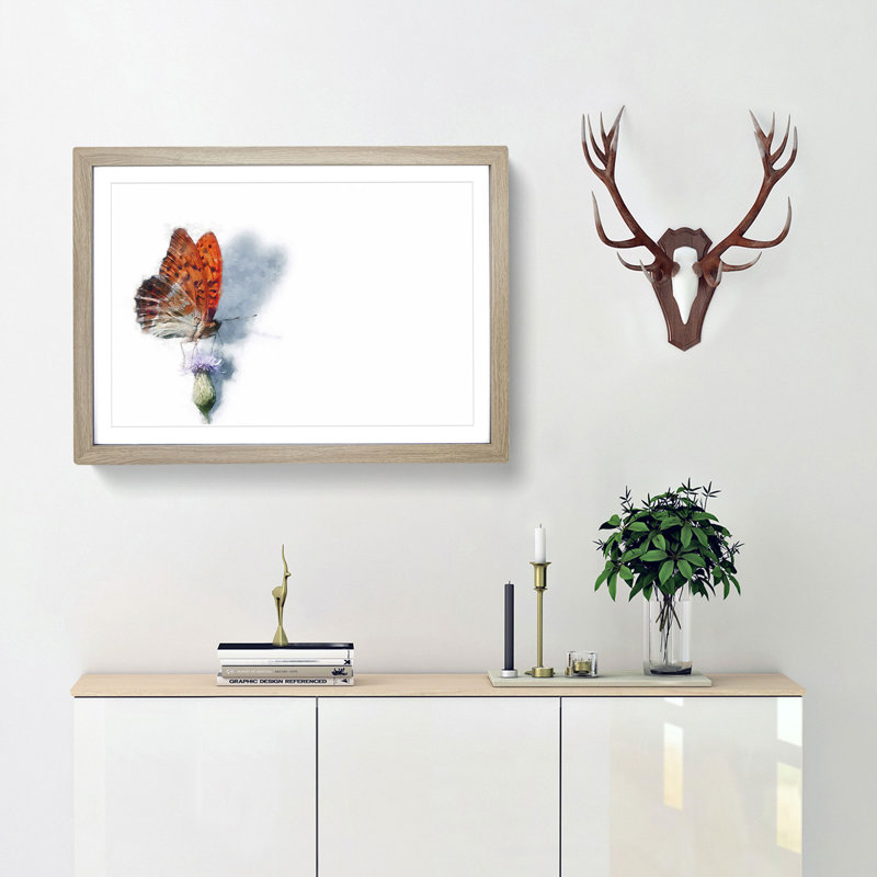 Orange Butterfly on a Thistle - Picture Frame Graphic Art Print, Oak Framed, 62cm H x 87cm W x 2cm D