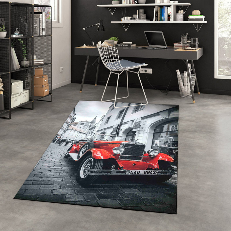 Tapis rectangulaire en polyester tissé à la main noir / rouge Bridgnorth, Rectangle 4 pi 7 po x 6 pi 7 po