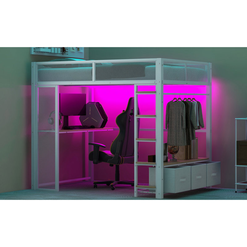Lit en métal avec bureau à DEL, garde-robe et 3 tiroirs de rangement, format double, blanc