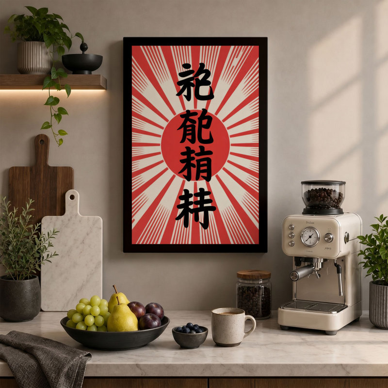 Rising Sun Calligraphy Japandi 1 Piece Wrapped Canvas Wall Art, 30x20 - 76.2 x 50.8 cm, Sage Border