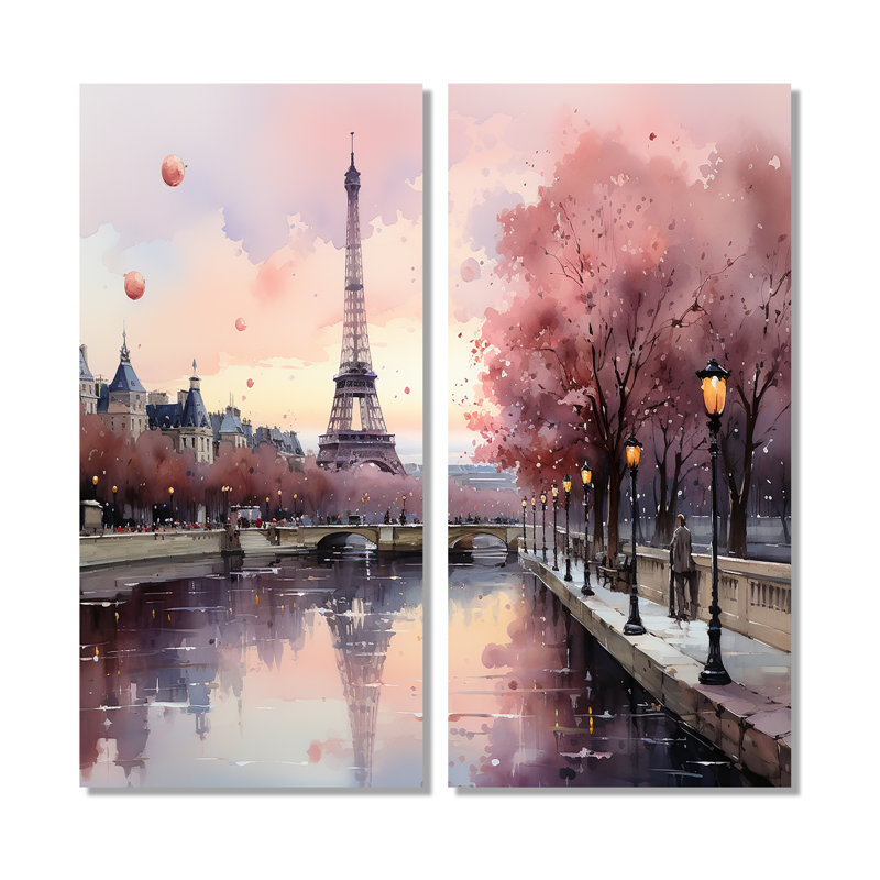 «Pink Twilight Rendezvous In Paris II», ensemble de 2 impressions sur toile traditionnelles, H 40 po x l 40 po, Toile tendue