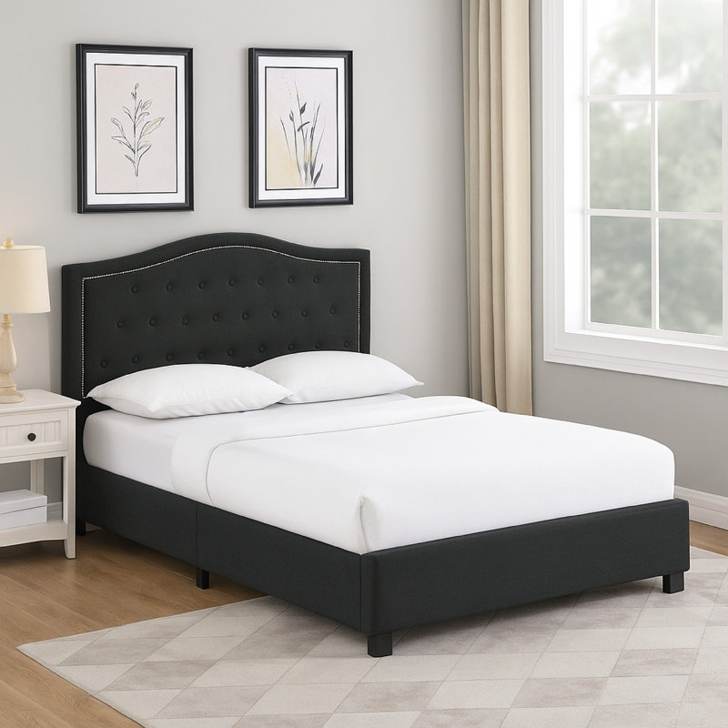 Sey Twin Size Bed W Storage Drawers, Dark Grey Upholstered Headboard, Full