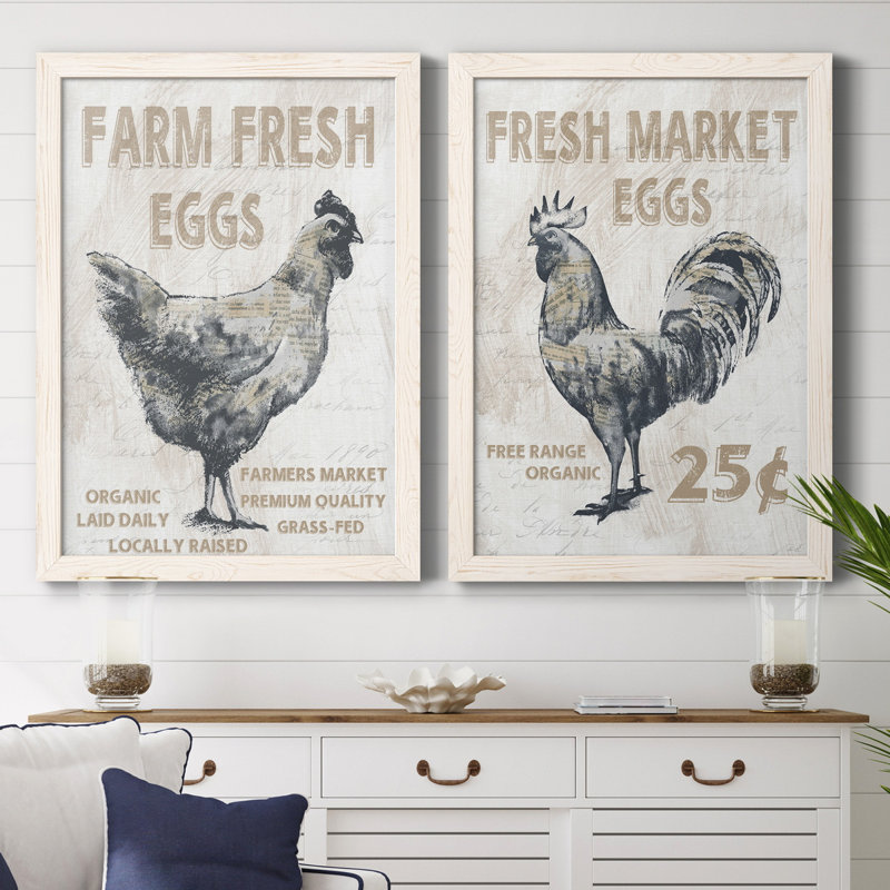 Farm Fresh Chicken - ensemble de 2 reproductions, H 37,5 po x l 55 po x P 1,5 po, Pas de tapis, Toile blanche encadrée