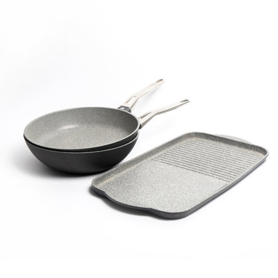3pc Non-Stick Cast Aluminium Cookware Set with Wok, Frying Pan & Dual Griddle Tray
