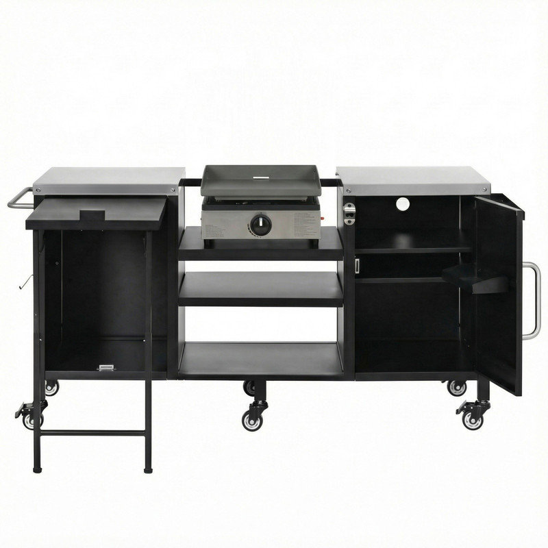Grande table de barbecue 72,4 "pour Big Green Egg & Kamado Joe - Îlot de cuisine extérieur en métal avec table de préparation pliable, tablettes réglables et support à épices