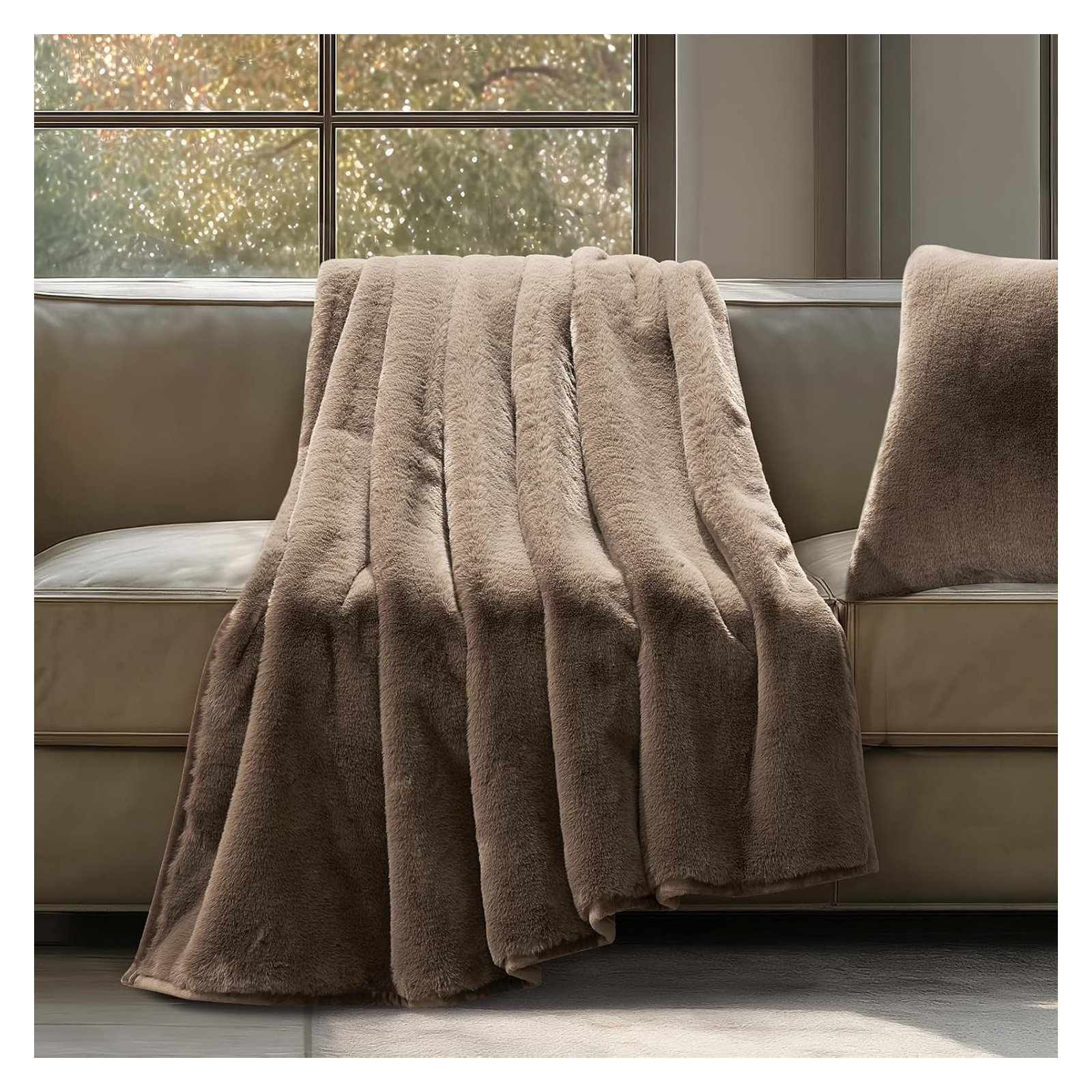 Luxury Mink Faux Fur Throw Blanket, 50" W x 60" L, Natural Tan