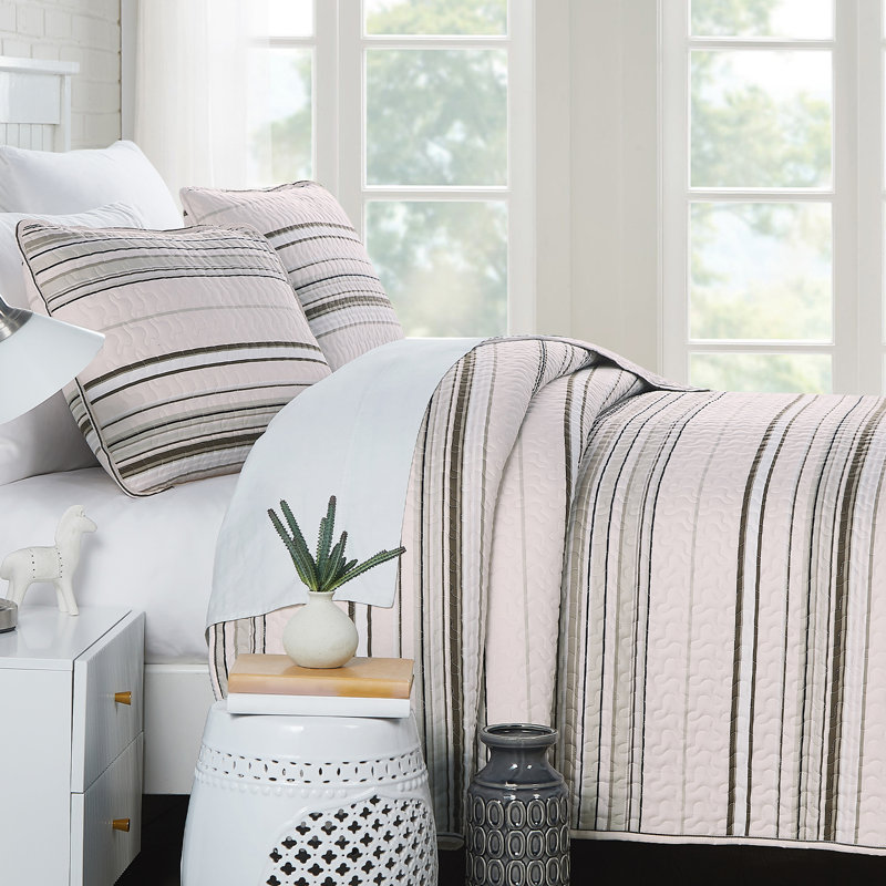 Ensemble de courtepointe réversible Coastal Stripes Collection, Courtepointe très grand + 2 couvre-oreillers stan, Taupe