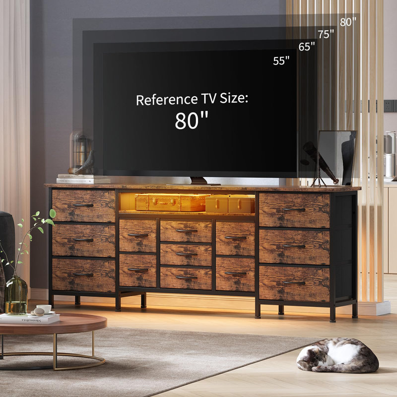 70 Inch TV Stand with Drawers and Outlet, Long Entertainment Center for 65 75 80 Inch TV, Fabric Dresser Media Console with LED Light