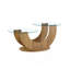 Table basse créative en U à deux niveaux en verre avec base en panneau de fibres à densité moyenne à grain de bois: une table d'appoint de salon moderne et minimaliste à hauteur réglable.
