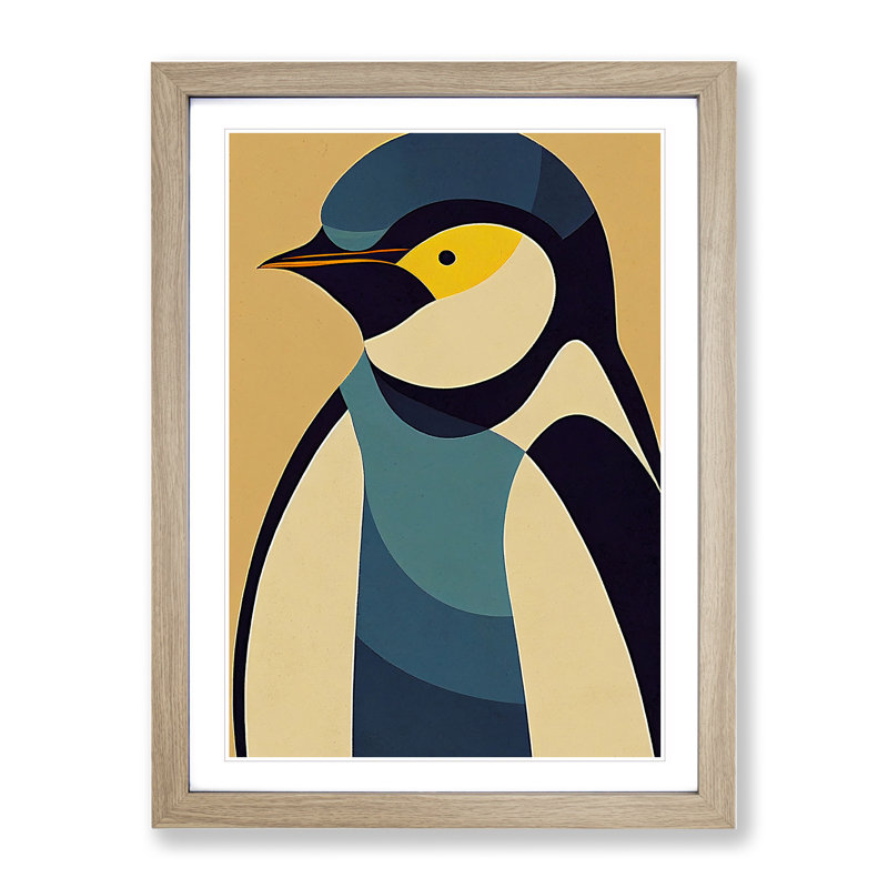 Penguin In Abstract No.1 - Wall Art, Oak Picture Frame, White, 46cm H x 34cm W