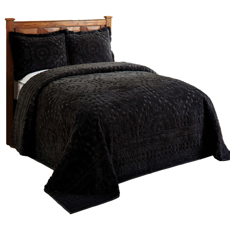 Rio Collection 100% Cotton Chenille King Bedspread Set, Traditional Bedding with Tufted Medallion Coverlet & Matching Shams, OEKO-TEX Certified, Soft, Breathable, Machine Washable, All-Season, Black