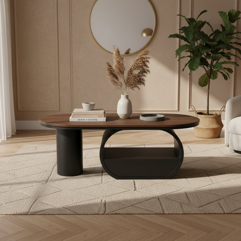 Table basse ovale de style industriel avec tiroir de rangement intégré, table centrale de 47,24 pouces de large pour le salon, structure robuste avec pieds réglables