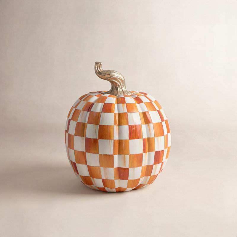 Check Large Pumpkin Decorative Accent, 15" H x 12" W x 12" D, Orange/White/Gold