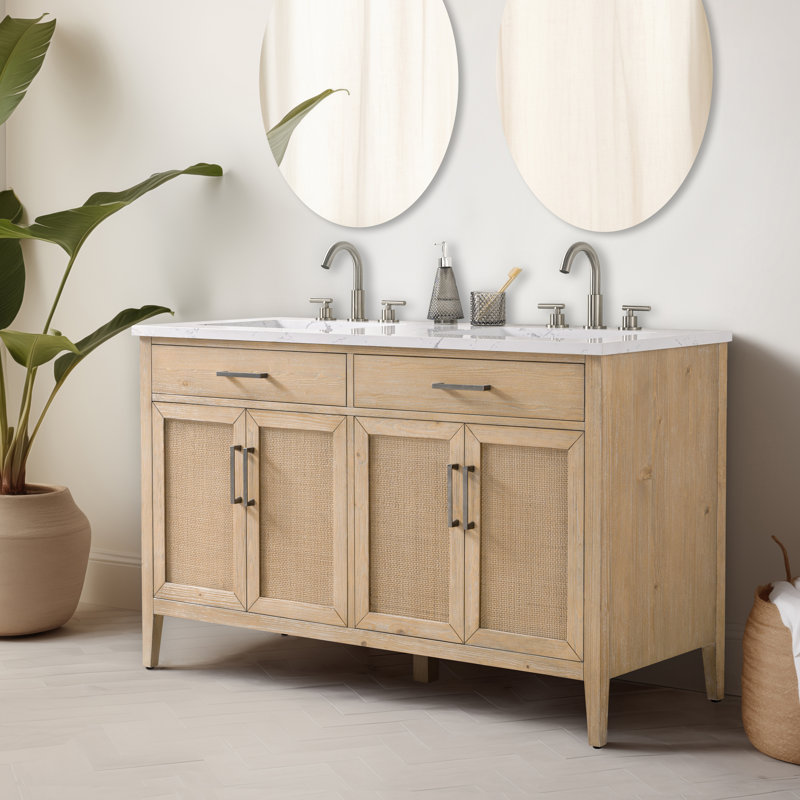 Sebastiano 54" Double Bathroom Vanity with Engineered Stone Top, Coastal Sand/Antique Nickel