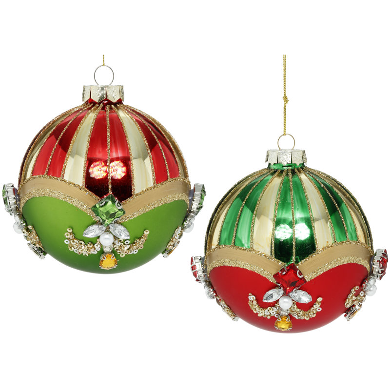 Jeweled Stripes Ball Ornament - 4 Inches Set Of 6