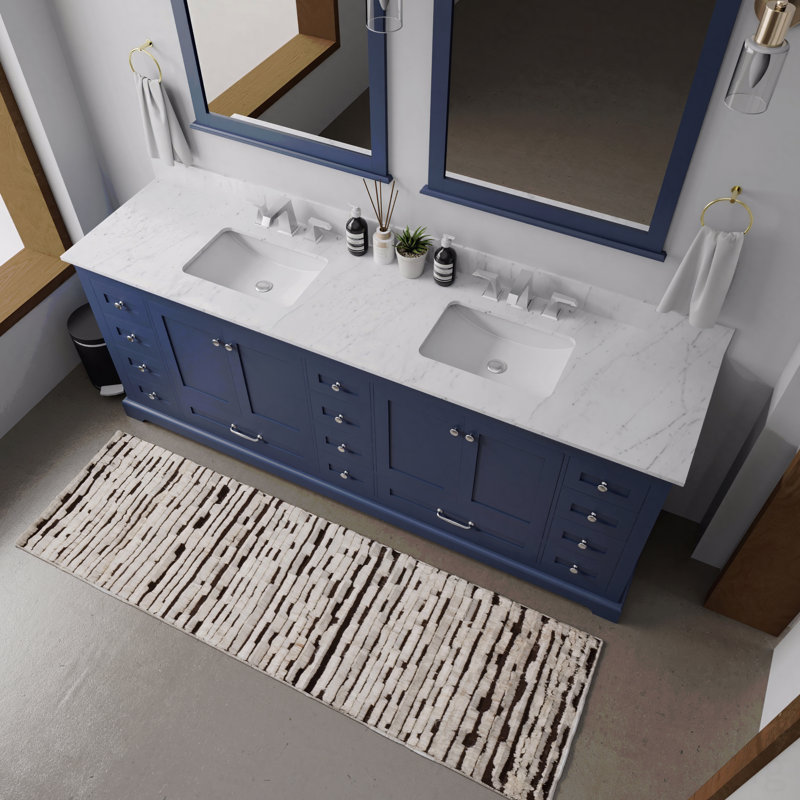 Ensemble de meuble-lavabo double 84 po x P 22 po avec plateau en marbre de Carrare et robinet, Bleu