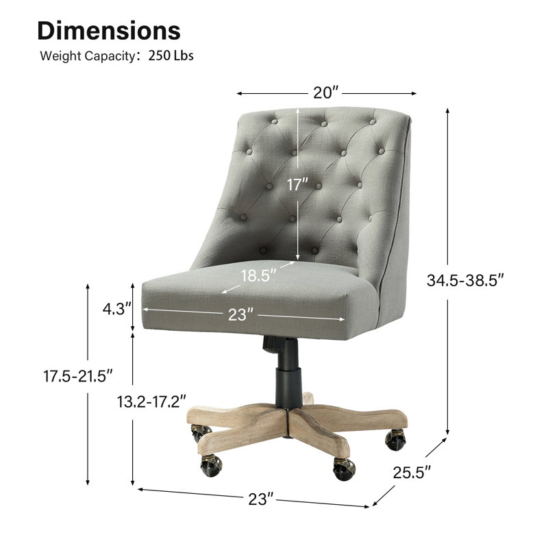 Chaise de travail capitonnée à boutons H 38,5 po Vail avec base en bois manufacturé et massif, Étain