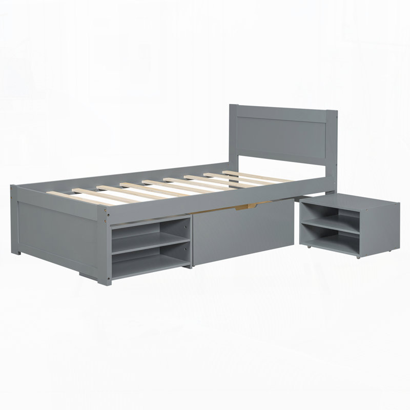 Lit plateforme avec tiroir et deux tablettes, Gris antique