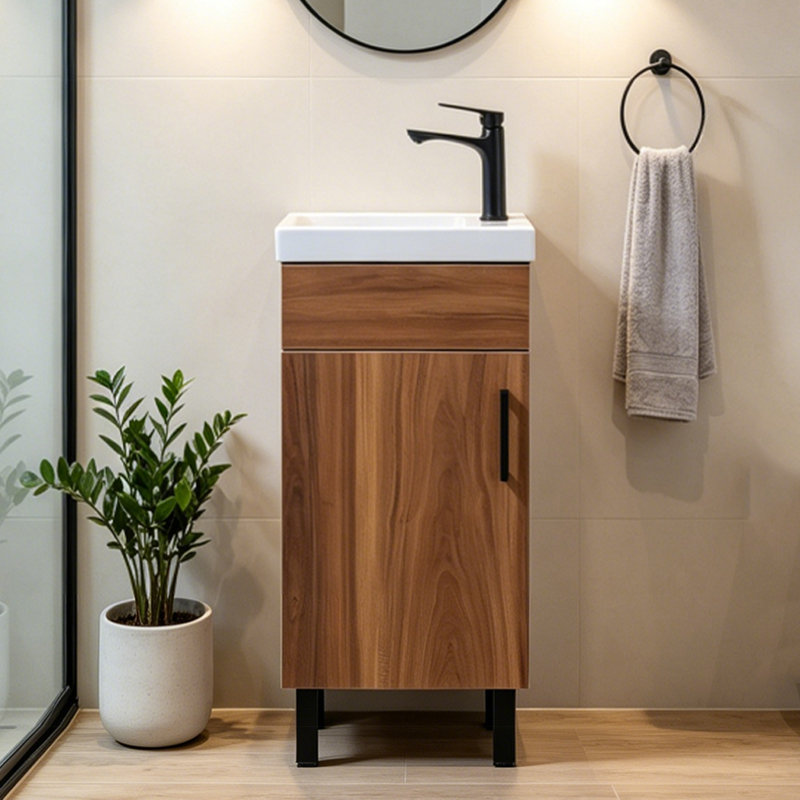Petit meuble-lavabo simple autoportant 16 po avec plateau en céramique 16 po, Brun