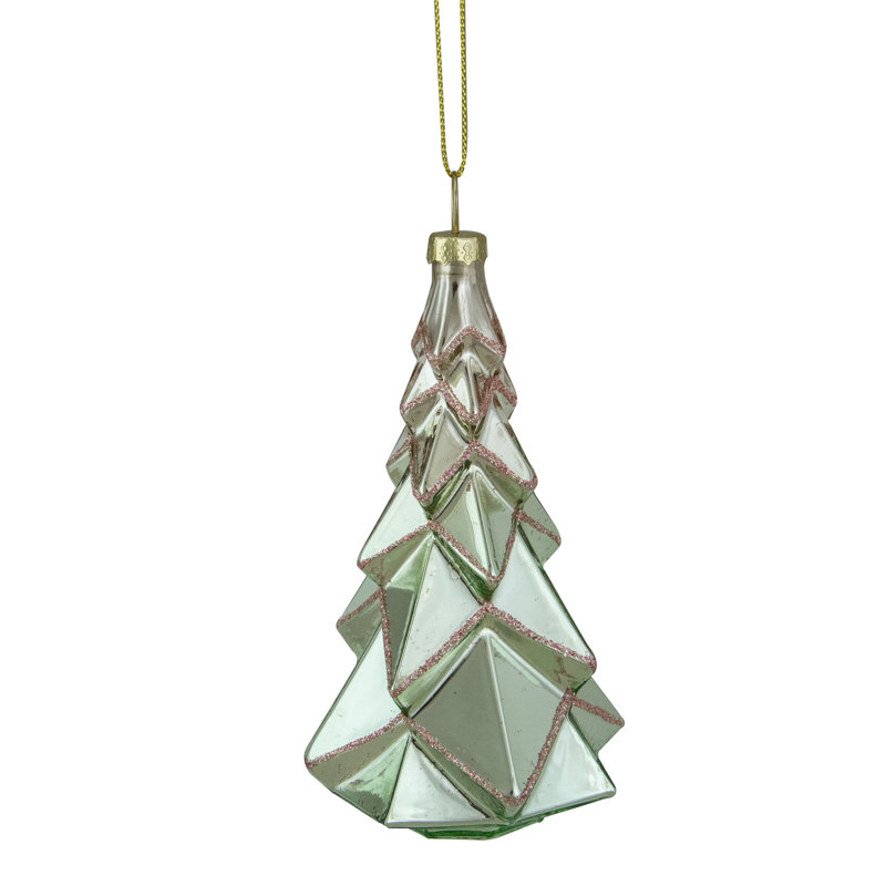 5" Green with Pink Glitter Glass Christmas Ornament