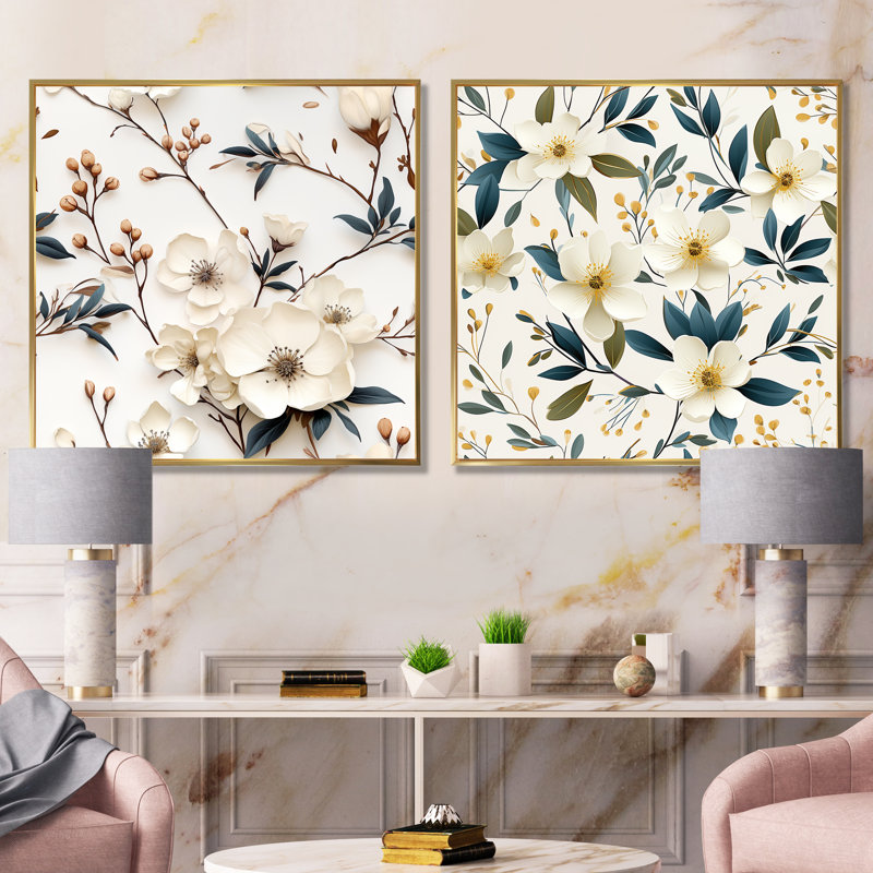 Nuri - Ensemble de 2 impressions sur toile florales, Encadrement doré, H 16 po x l 33 po x P 1 po