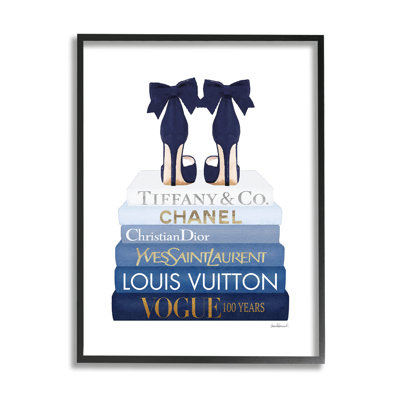 Navy Blue Bow Heels Chic Glam Bookstack Oversized Black Framed Giclee Texturized Art by Amanda Greenwood