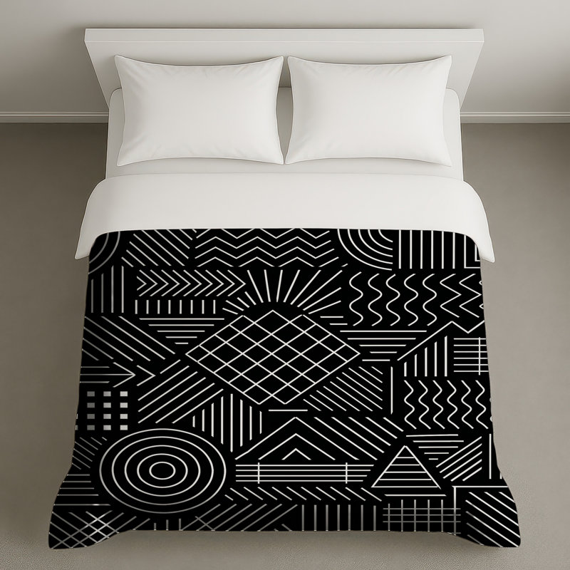 Housses de couette noires et blanches à lignes géométriques, Grand lit