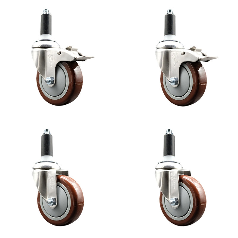 4 Inch 316SS Maroon Poly Swivel 1 Inch Stem Caster Set 2 Lock Brake SCC