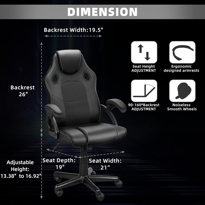Fauteuil de jeu de course et de course ergonomique en cuir Inbox Zero, Noir