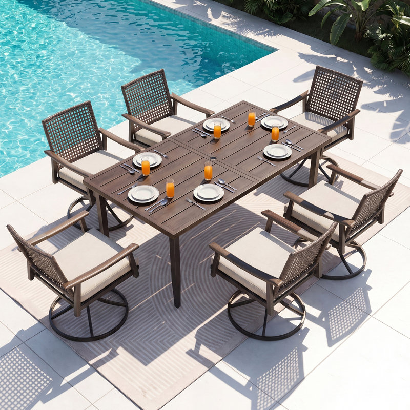 Ensemble de table de salle à manger d'extérieur 7 pièces avec 6 chaises pivotantes et berçantes en rotin