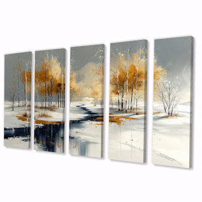 Gold And White Frosted Path In Winter - Winter Landscape Wall Decor Set