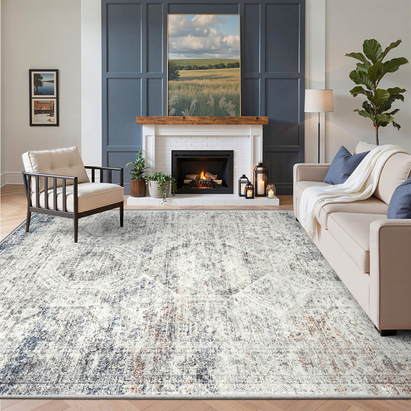 Washable Distressed Persian Rug, Rectangle 5' x 7', Blue/Ivory