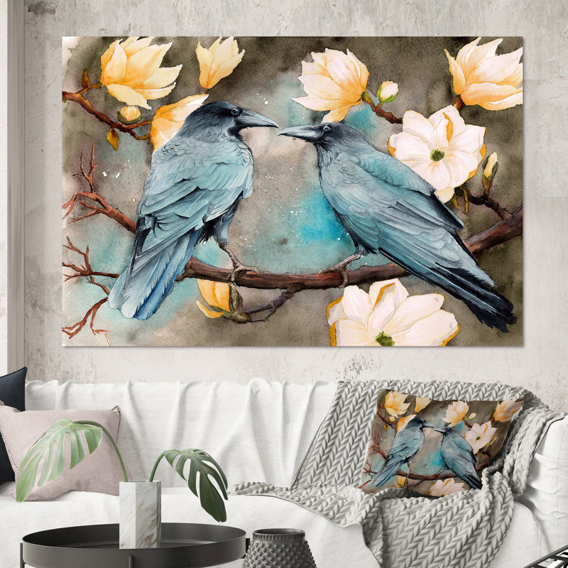 Deux corbeaux sur les branches de magnolia avec fleurs - reproduction sur toile, H 40 po x l 60 po x P 1,5 po, Toile tendue